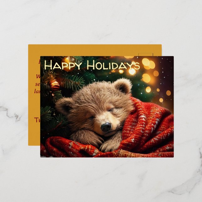 Happy Holidays Weihnachten Schlummerbär Postkarte (Vorderseite/Rückseite)