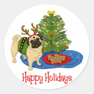 Happy Holidays Weihnachts Rentier Mops Stickers