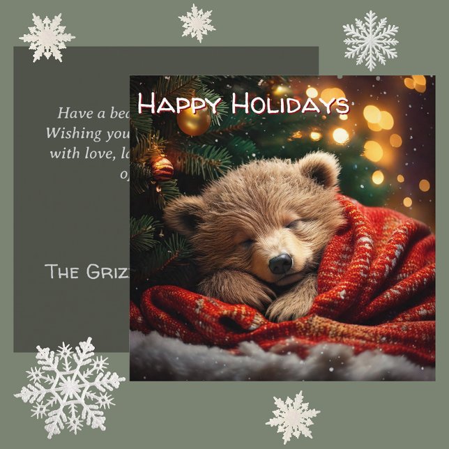 Happy Holidays Weihnachtsbär Feiertagskarte (deep peace & winter warmth personalised square Christmas card. adorable bear cub sleeping under tree)