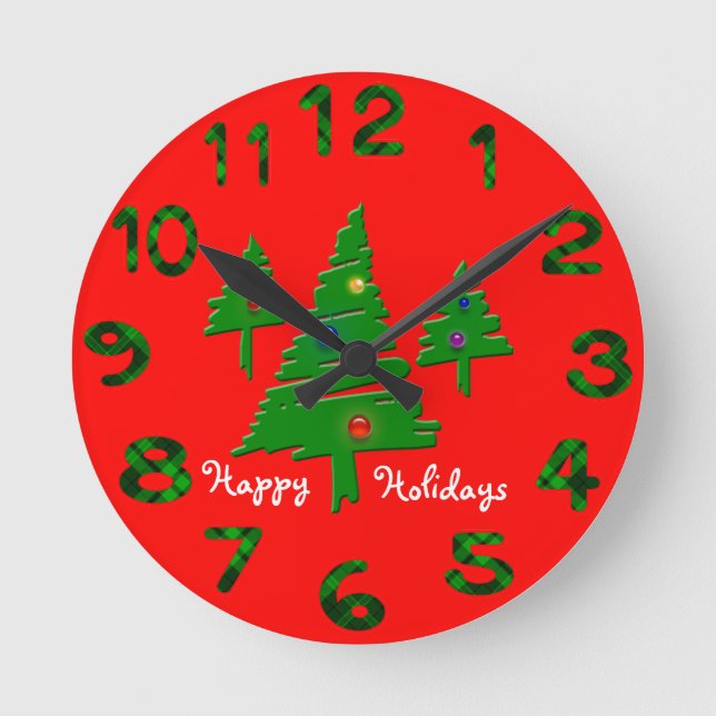 Happy Holidays Weihnachtsbaumen nummeriert Runde Wanduhr (Vorderseite)