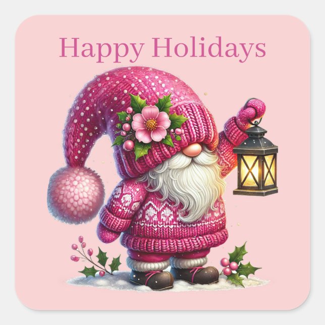 Happy Holidays Weihnachtsgnome hinzufügen Text Quadratischer Aufkleber (Vorderseite)