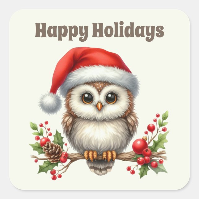 Happy Holidays Weihnachtskauz Quadratischer Aufkleber (Vorderseite)