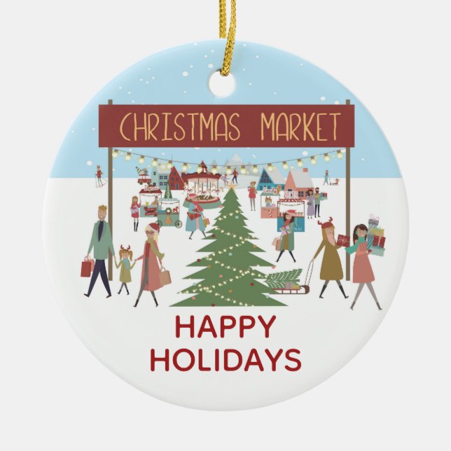 Happy Holidays Weihnachtsmarkt Szene Keramik Ornament (Vorne)