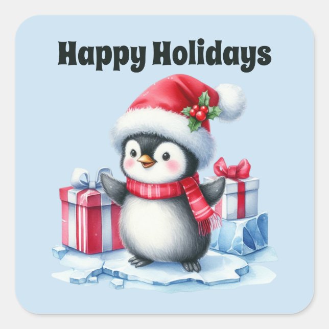 Happy Holidays Weihnachtspinguin Quadratischer Aufkleber (Vorderseite)