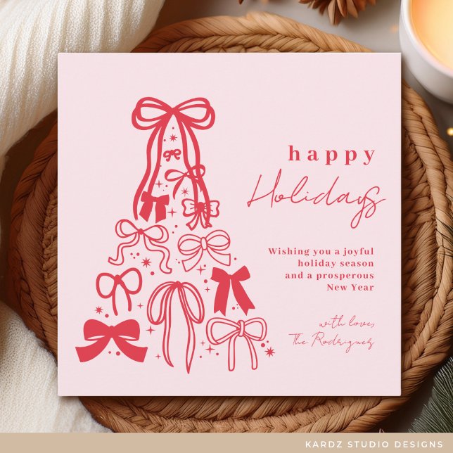 Happy Holidays Whimsical Bow Rosa Feiertagskarte (Holiday card shown in 5.25 inches, squared. Personalize and choose paper and corner style or digital)