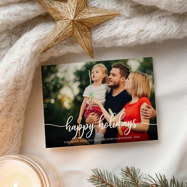 Happy Holidays White Calligraphy Foto Weihnachten Postkarte (Von Creator hochgeladen)