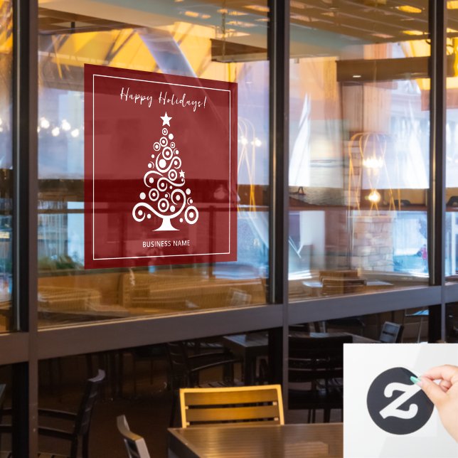 Happy Holidays White Christmas Tree on Maroon Red Fensteraufkleber (Restaurantfenster)