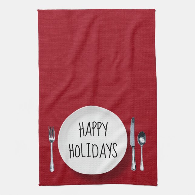 Happy Holidays White Plate und Silverware Geschirrtuch (Vertikal)
