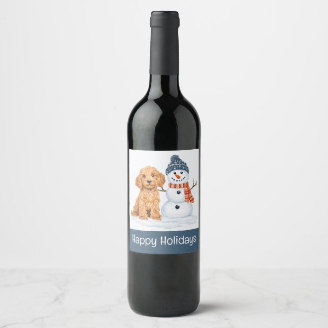Happy Holidays Winter Goldendoodle Dog Snowman Weinetikett (Vorderseite)
