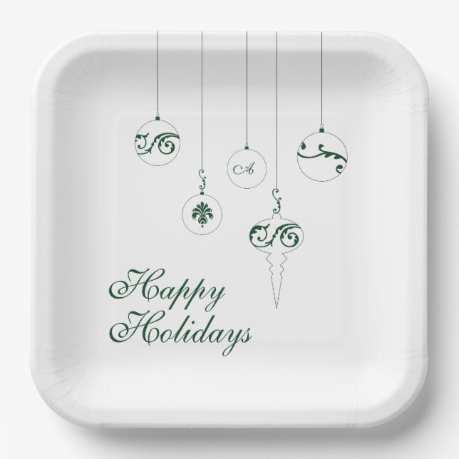 Happy Holidays Winter Green Monogram Bauble Square Pappteller (Vorderseite)