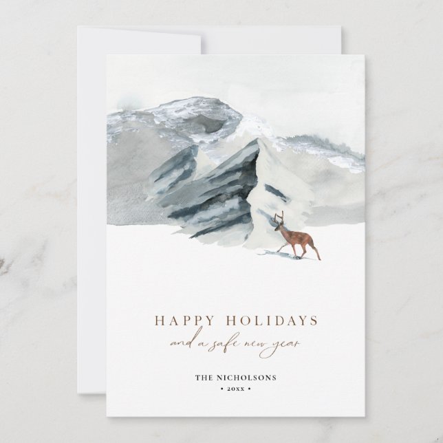 Happy Holidays | Wintergebirgslandschaft Rentier Feiertagskarte (Vorderseite)