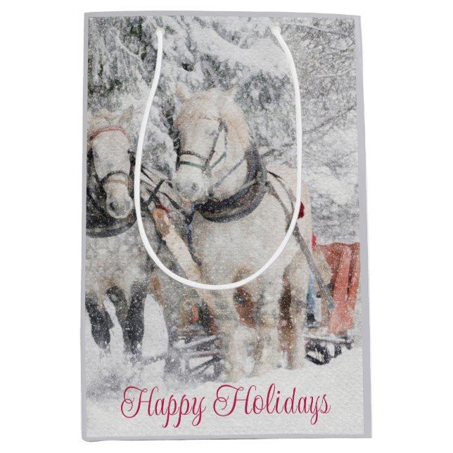 Happy Holidays Winterschnee Pferde Schlitten Mittlere Geschenktüte (Vorderseite)