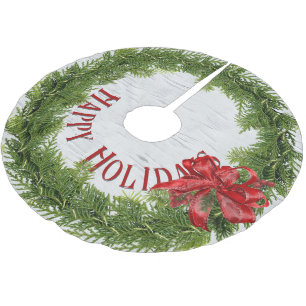 Happy Holidays Wraath with Red Bow on Birch Polyester Weihnachtsbaumdecke