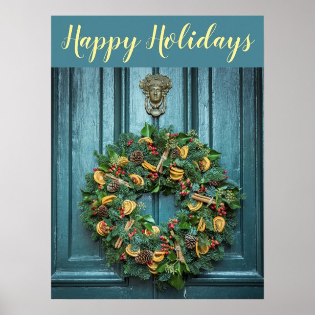 Happy Holidays Wreath an schöner Tür Poster (Vorne)