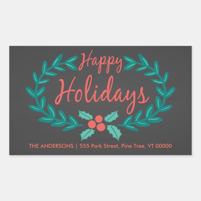 HAPPY HOLIDAYS WREATH CHALKBOARD ADRESSE RECHTECKIGER AUFKLEBER (Vorderseite)