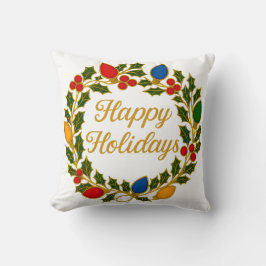 Happy Holidays Wreath Christmas Lights and Holly Kissen