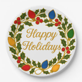 Happy Holidays Wreath Christmas Lights and Holly Pappteller