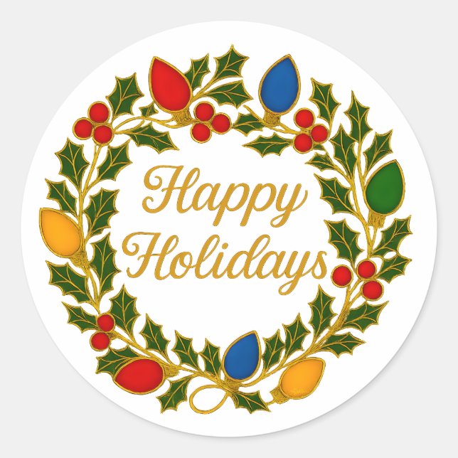 Happy Holidays Wreath Christmas Lights and Holly Runder Aufkleber (Vorderseite)