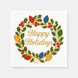 Happy Holidays Wreath Christmas Lights and Holly Serviette