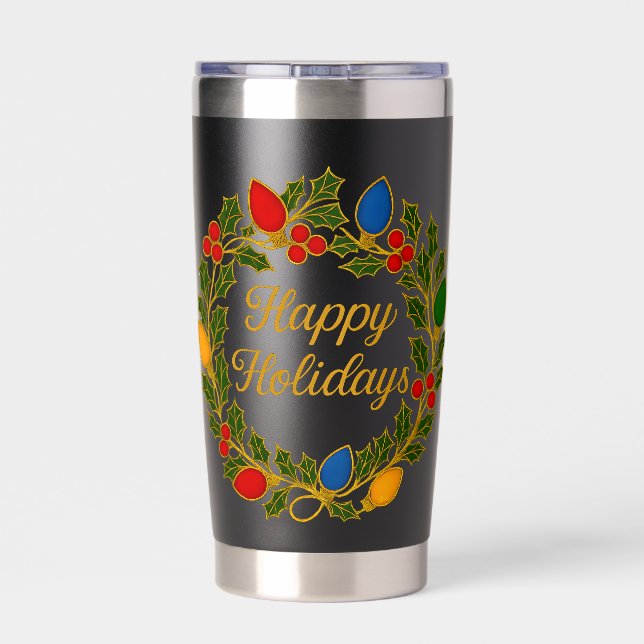 Happy Holidays Wreath Christmas Lights and Holly Thermobecher (Rückseite)