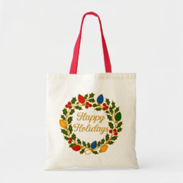 Happy Holidays Wreath Christmas Lights and Holly Tragetasche