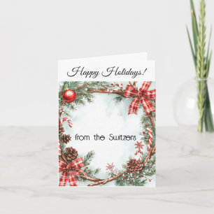 Happy Holidays Wreath Evergreen Pine Cones, Bows Karte