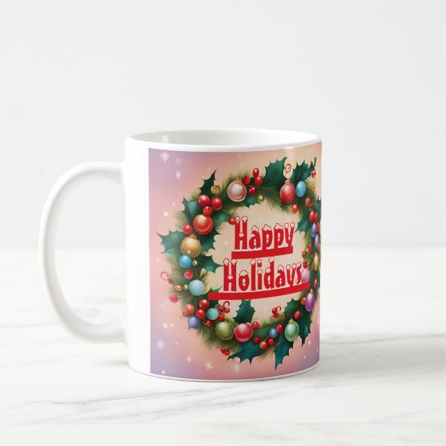 Happy Holidays Wreath farbenfroher Weihnachtsschne Kaffeetasse (Links)