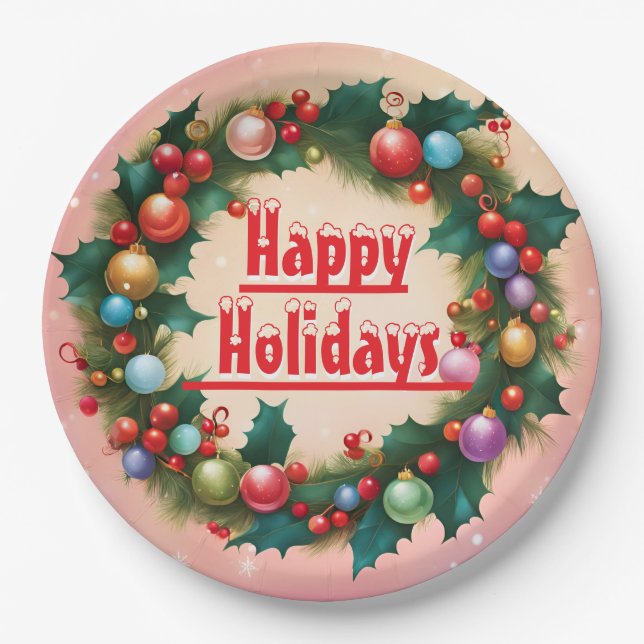 Happy Holidays Wreath farbenfroher Weihnachtsschne Pappteller (Vorderseite)