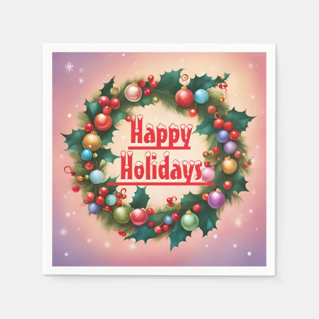 Happy Holidays Wreath farbenfroher Weihnachtsschne Serviette (Vorderseite)