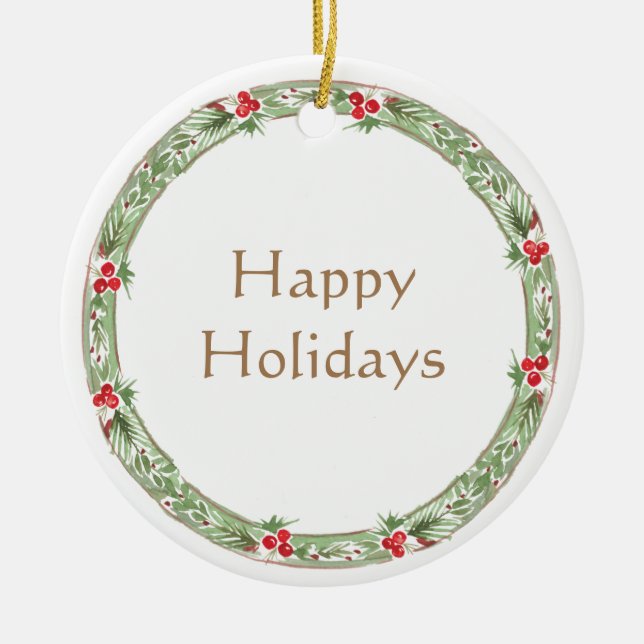 Happy Holidays Wreath Greenery Berries Business Keramik Ornament (Vorne)