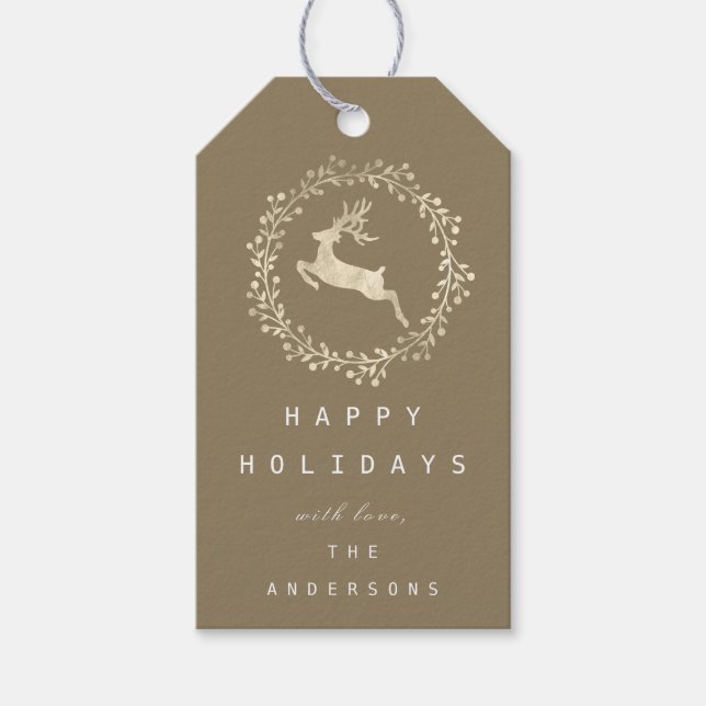 Happy Holidays Wreath Joy Champaigne Gold Beige Geschenkanhänger (Vorderseite)