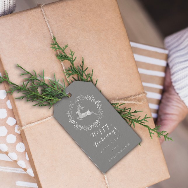 Happy Holidays Wreath Joy Gray White Geschenkanhänger (Happy Holidays Wreath Joy Gray Grey White Deer Gift Tags)