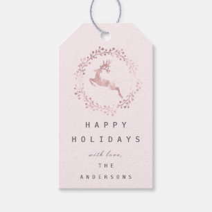 Happy Holidays Wreath Joy Pink Rose Pastel Deer Geschenkanhänger