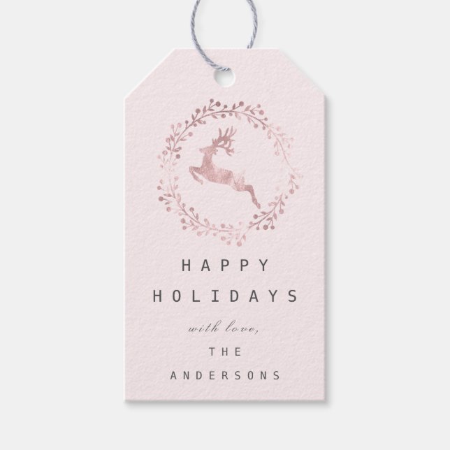 Happy Holidays Wreath Joy Pink Rose Pastel Deer Geschenkanhänger (Vorderseite)