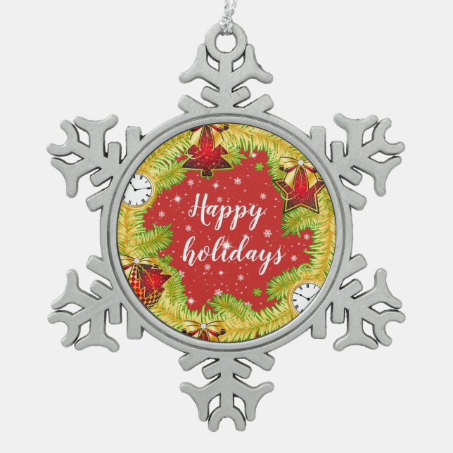 Happy Holidays Wreath mit Schneeflocken Schneeflocken Zinn-Ornament (Vorderseite)