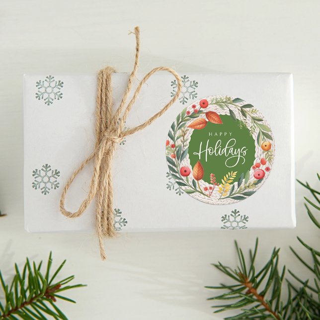 Happy Holidays Wreath Watercolor Runder Aufkleber (Happy Holidays Wreath Watercolor Classic Round Sticker)