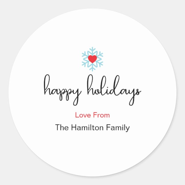 Happy Holidays Xmas Simple Red Heart Snowflake Runder Aufkleber (Vorderseite)