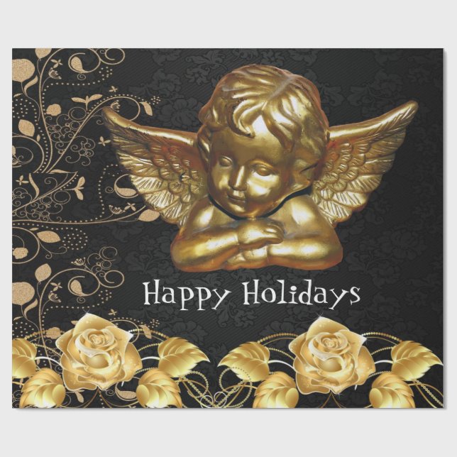 Happy HolidaysChristmas Wrapping Paper Gold Angel Geschenkpapier (Flach)