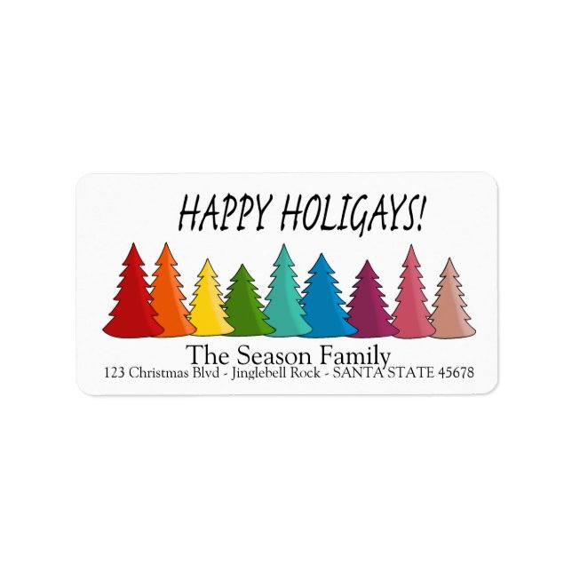 Happy Holigays Regenbogenbäume - Ferienlabel Adressaufkleber (Vorne)