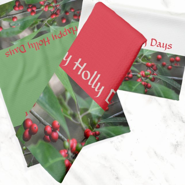 Happy Holly Days Red Berries Fotografy Holiday Geschirrtuch (Von Creator hochgeladen)