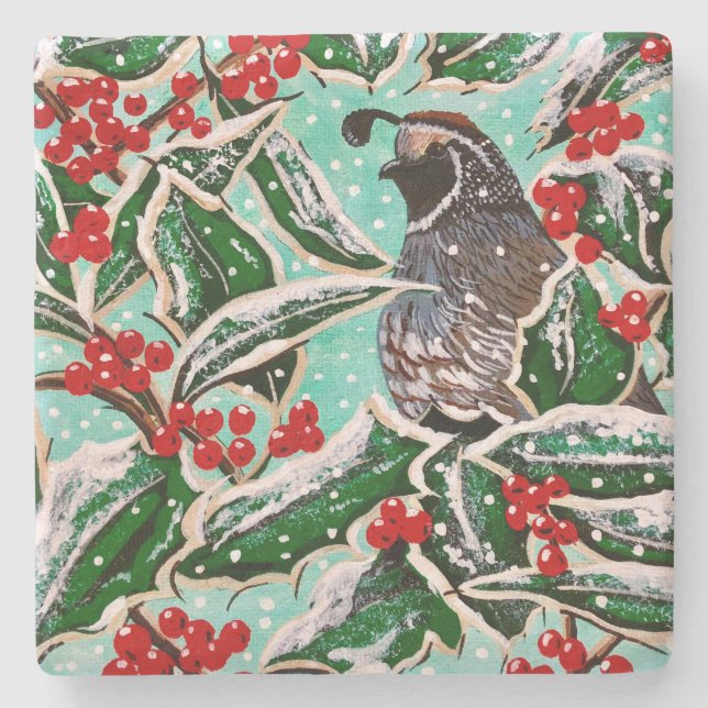 Happy Holly Quail Kalkstein Tile Steinuntersetzer (Vorderseite)