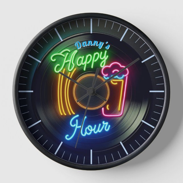 Happy Hour Bar Clock Neon Beer Individuelle Name M Uhr (Vorderseite)