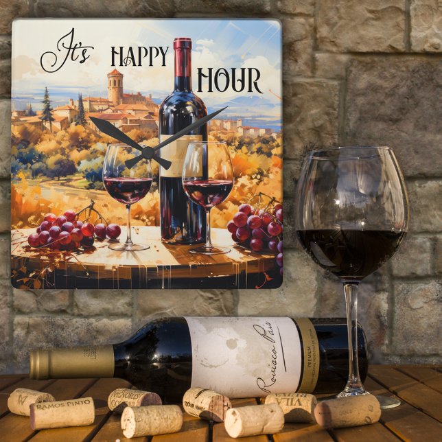 Happy Hour Italienische Landschaft Quadratische Wanduhr (An artistic design wall clock featuring an Italian fantasy landscape painting with red wine)