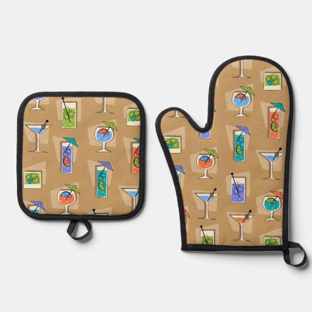 Happy Hour Retro Hawaiian Tropical Drinks Khaki Ofenhandschuh & Topflappen-Set (Vorderseite)