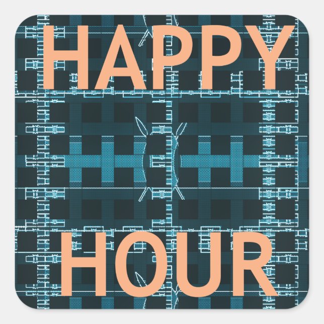 Happy Hour Text Blue Vector Art Print Quadratischer Aufkleber (Vorderseite)
