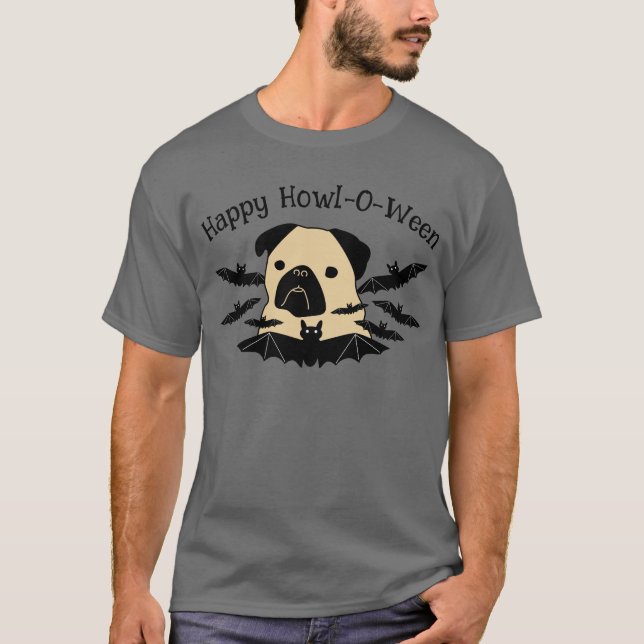Happy Howl-O-Week Mops mit Fledermäusen T-Shirt (Vorderseite)
