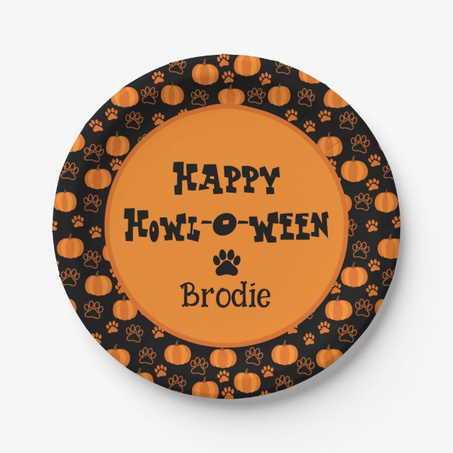 Happy Howl-O-Ween Personalized Dog Halloween Pappteller (Vorderseite)