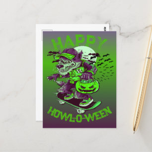 Happy Howl-o-ween Wolf Reiten auf Skateboard Postkarte
