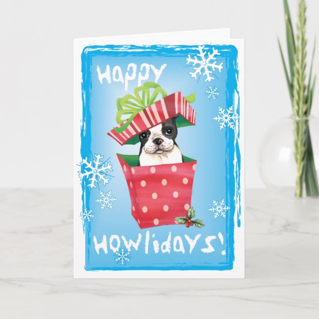 Happy Howliday Boston Terrier Feiertagskarte (Vorderseite)