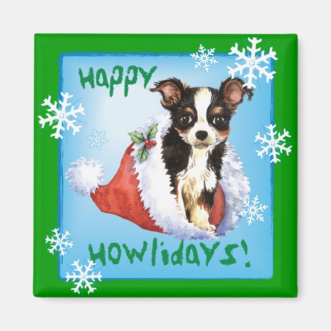 Happy Howliday Long Coat Chihuahua Magnet (Vorne)